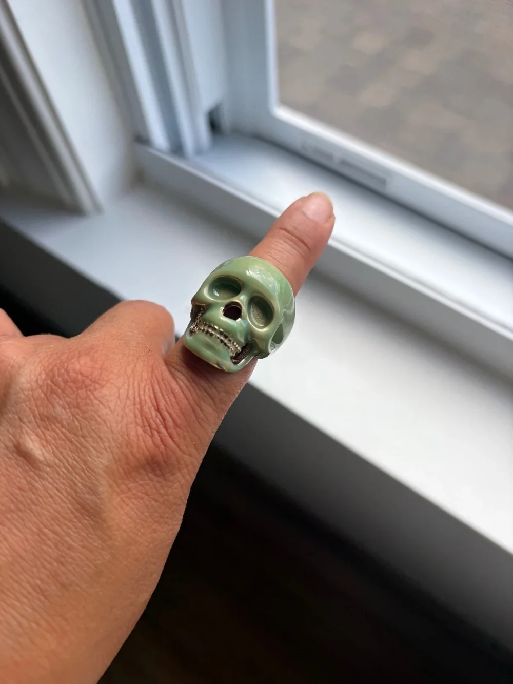 Green Resin Over Silver Skull Ring